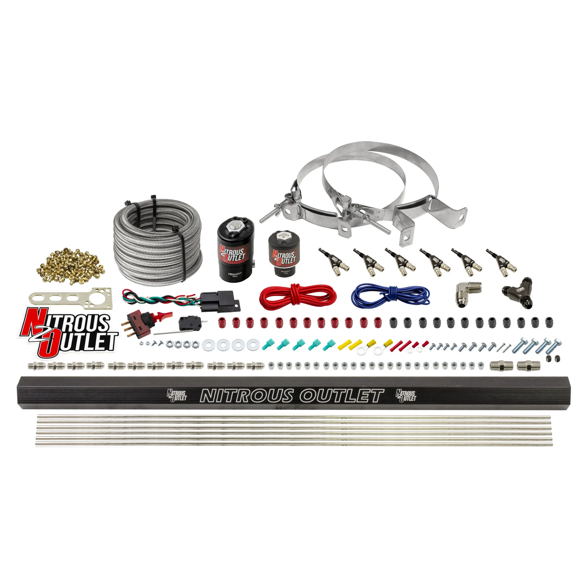 Nitrous Outlet 6 Cylinder Direct Port System - .122 Nitrous Solenoids/.177 Fuel Solenoids/Dual Passage Injection Rail/90 Degree Discharge Nozzles (Alcohol)(5-7-10 psi)(75-375HP)(No Bottle)