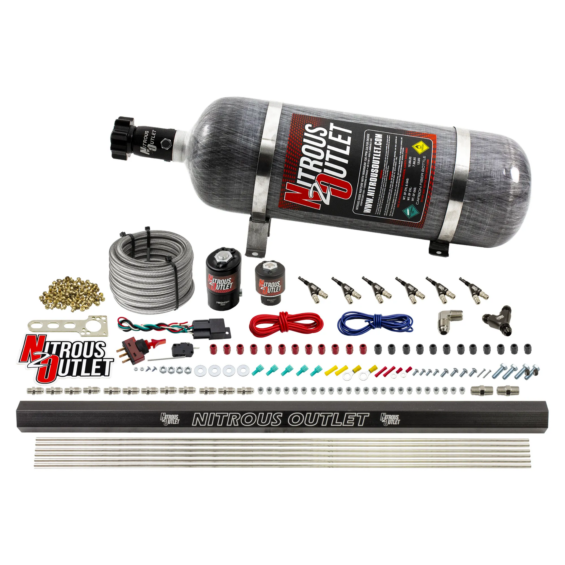 Nitrous Outlet 6 Cylinder Direct Port System - .122 Nitrous Solenoids/.177 Fuel Solenoids/Dual Passage Injection Rail/90 Degree Discharge Nozzles (Alcohol)(5-7-10 psi)(75-375HP)(12lb Bottle)