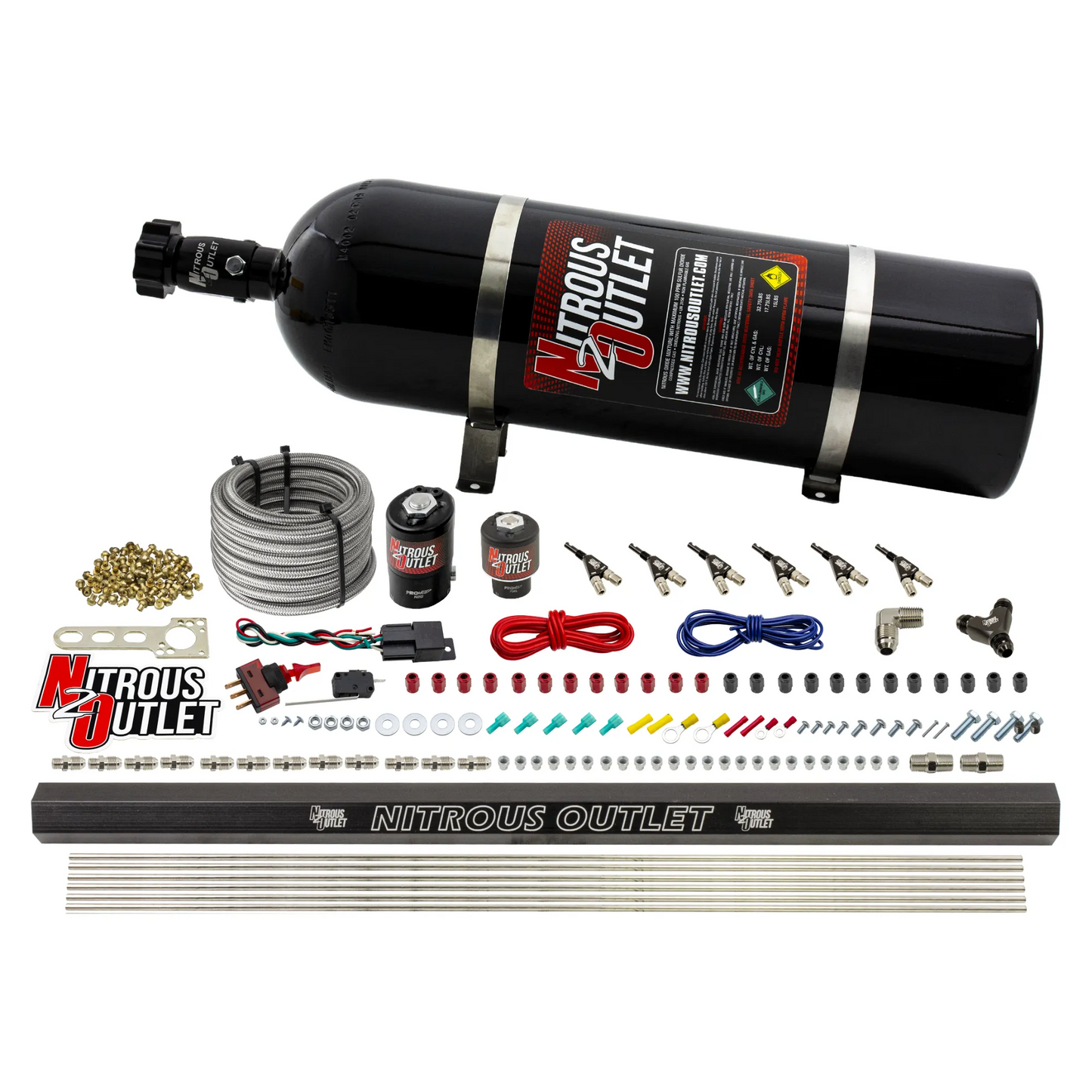 Nitrous Outlet 6 Cylinder Direct Port System - .122 Nitrous Solenoids/.177 Fuel Solenoids/Dual Passage Injection Rail/90 Degree Discharge Nozzles (Alcohol)(5-7-10 psi)(75-375HP)(15lb Bottle)