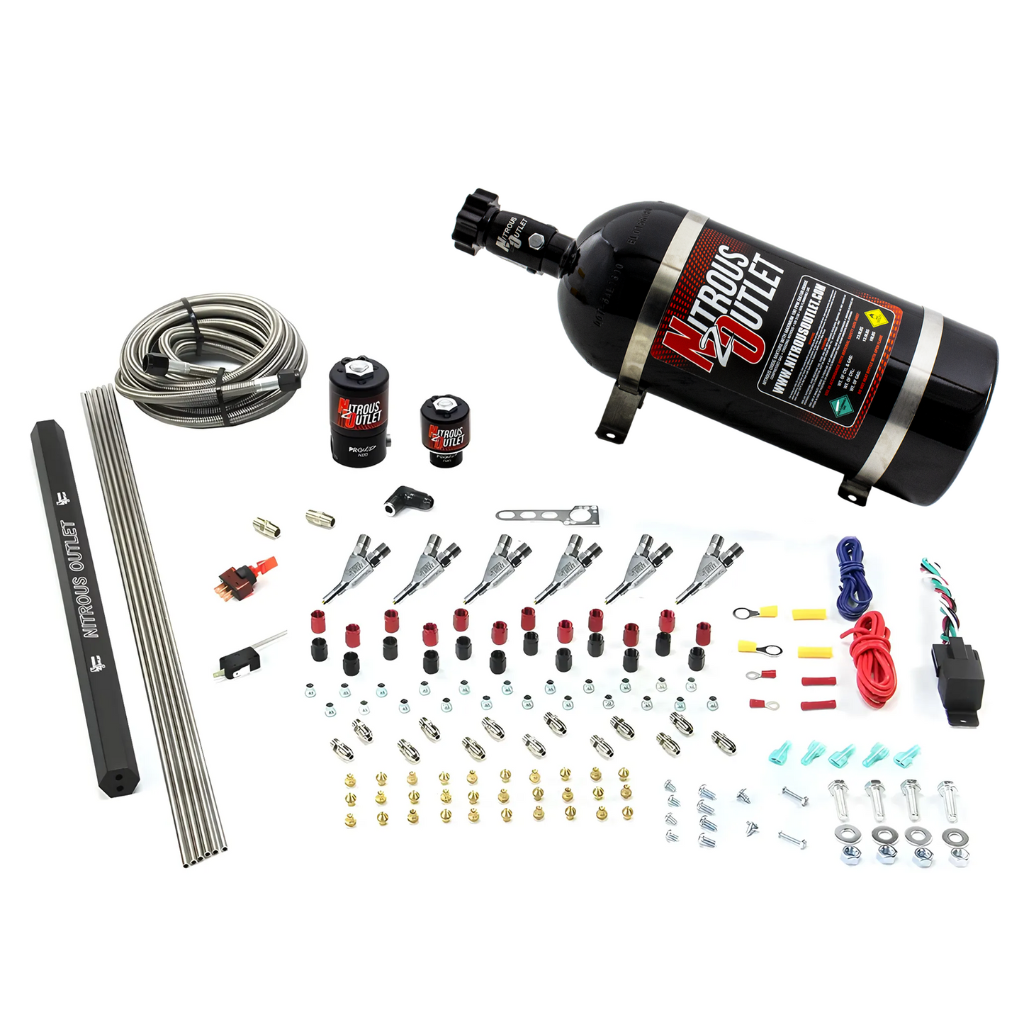 Nitrous Outlet 6 Cylinder Direct Port System - .122 Nitrous Solenoids/.177 Fuel Solenoids/Dual Passage Injection Rail/Annular Discharge Nozzles (Alcohol)(5-7-10 psi)(75-375HP)(10lb Bottle)