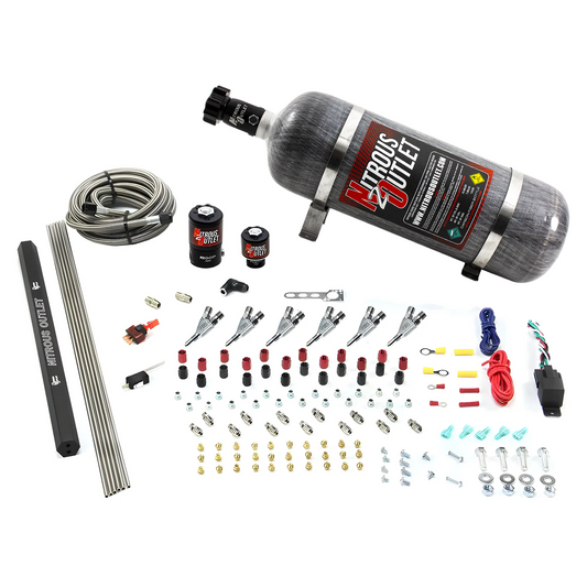 Nitrous Outlet 6 Cylinder Direct Port System - .122 Nitrous Solenoids/.177 Fuel Solenoids/Dual Passage Injection Rail/Annular Discharge Nozzles (Alcohol)(5-7-10 psi)(75-375HP)(12lb Bottle)
