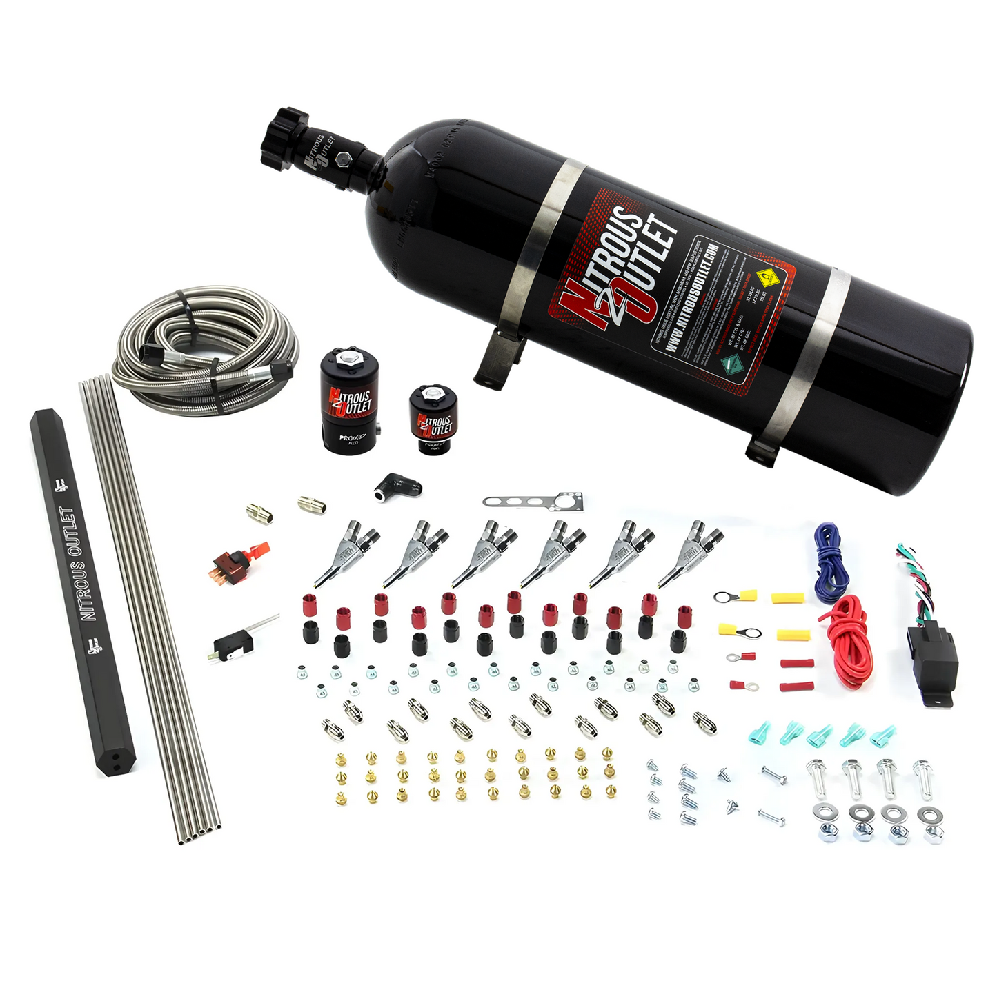 Nitrous Outlet 6 Cylinder Direct Port System - .122 Nitrous Solenoids/.177 Fuel Solenoids/Dual Passage Injection Rail/Annular Discharge Nozzles (Alcohol)(5-7-10 psi)(75-375HP)(15lb Bottle)