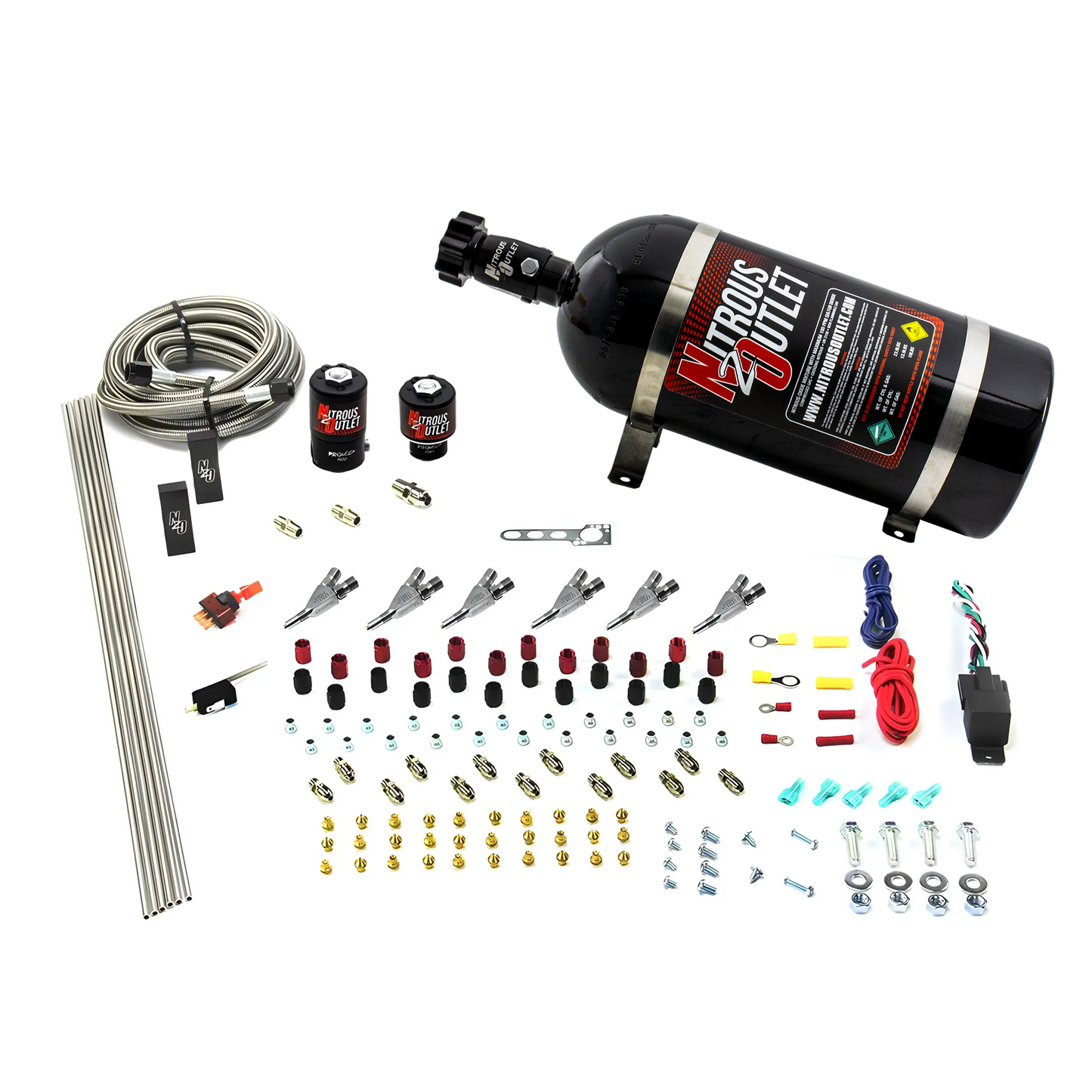 Nitrous Outlet 6 Cylinder Direct Port System - .122 Nitrous Solenoid/.177 Fuel Solenoid/Distribution Blocks/Annular Degree Discharge Nozzles (Alcohol)(5-7-10 psi)(75-375HP)(10lb Bottle)