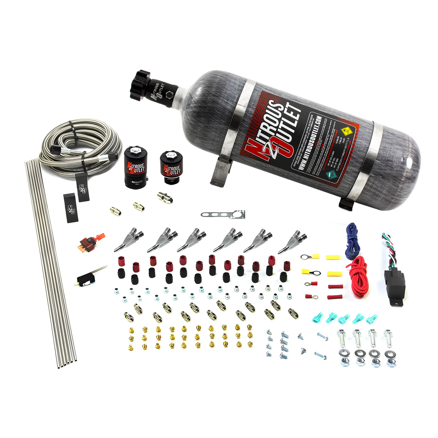 Nitrous Outlet 6 Cylinder Direct Port System - .122 Nitrous Solenoid/.177 Fuel Solenoid/Distribution Blocks/Annular Degree Discharge Nozzles (Alcohol)(5-7-10 psi)(75-375HP)(12lb Bottle)