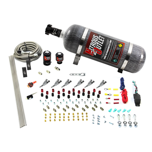 Nitrous Outlet 6 Cylinder Direct Port System - .122 Nitrous Solenoid/.177 Fuel Solenoid/Distribution Blocks/Annular Degree Discharge Nozzles (Alcohol)(5-7-10 psi)(75-375HP)(12lb Bottle)