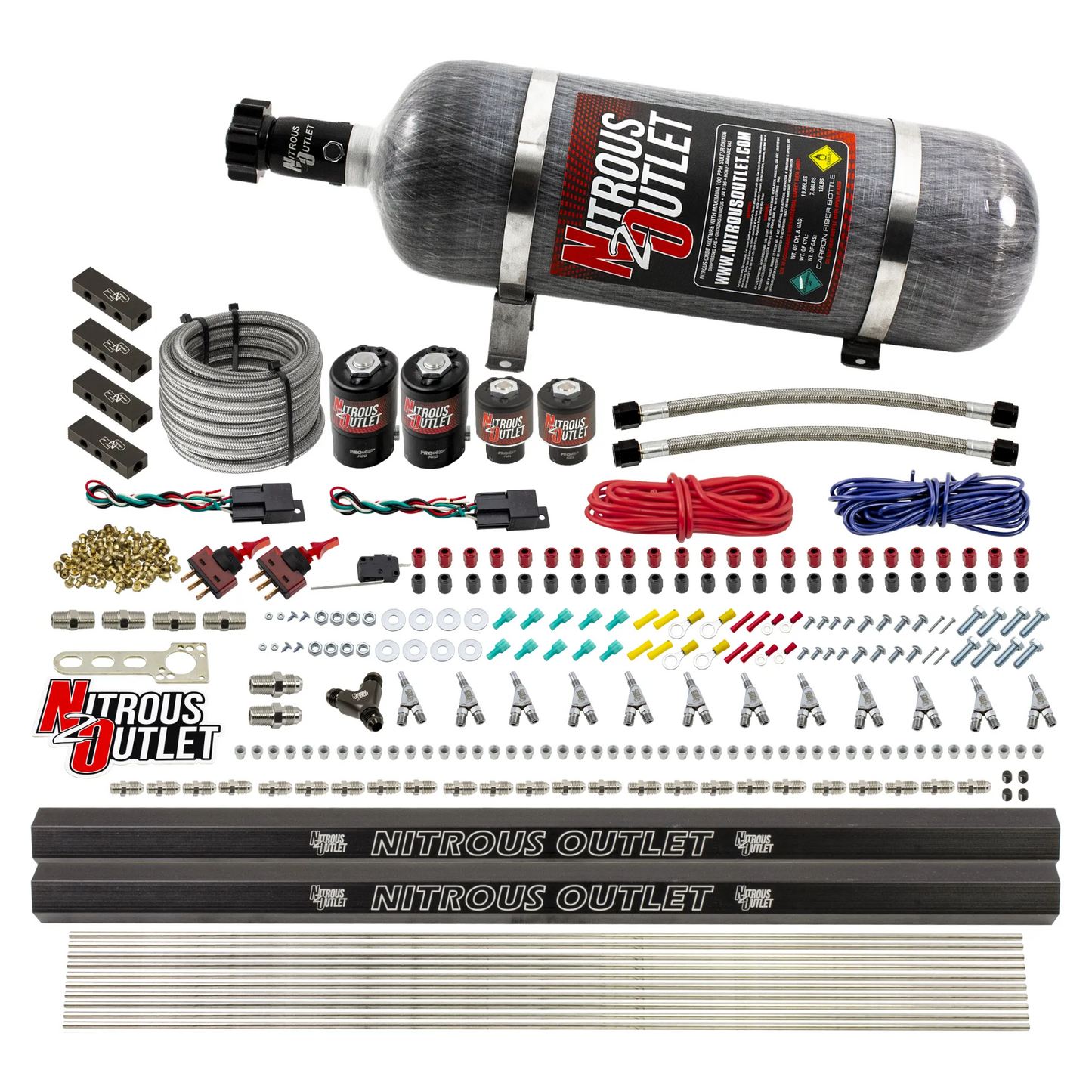 Nitrous Outlet 6 Cylinder Dual Stage Direct Port System - Two .122 Nitrous Solenoids/Two .177 Fuel Solenoids/Distribution Blocks/Annular Discharge Nozzles (Alcohol)(5-7-10 psi)(75-375HP)(12lb Bottle)