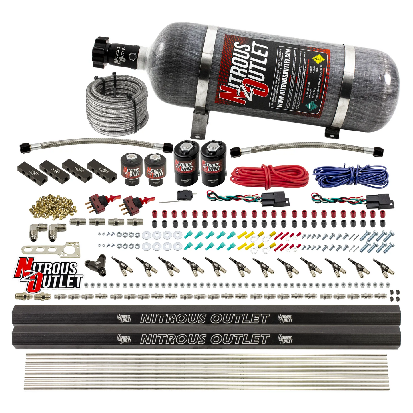Nitrous Outlet 6 Cylinder Dual Stage Direct Port System - Two .122 Nitrous Solenoids/Two .177 Fuel Solenoids/Distribution Blocks/90 Degree Discharge Nozzles (Gas)(5-7-10 psi)(75-375HP)(12lb Bottle)