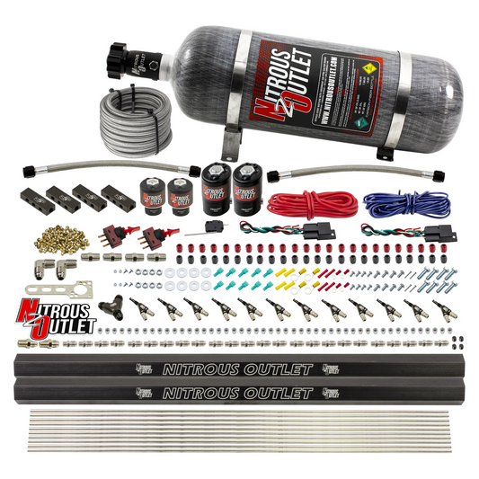 Nitrous Outlet 6 Cylinder Dual Stage Direct Port System - Two .122 Nitrous Solenoids/Two .177 Fuel Solenoids/Distribution Blocks/90 Degree Discharge Nozzles (Gas)(5-7-10 psi)(75-375HP)(12lb Bottle)