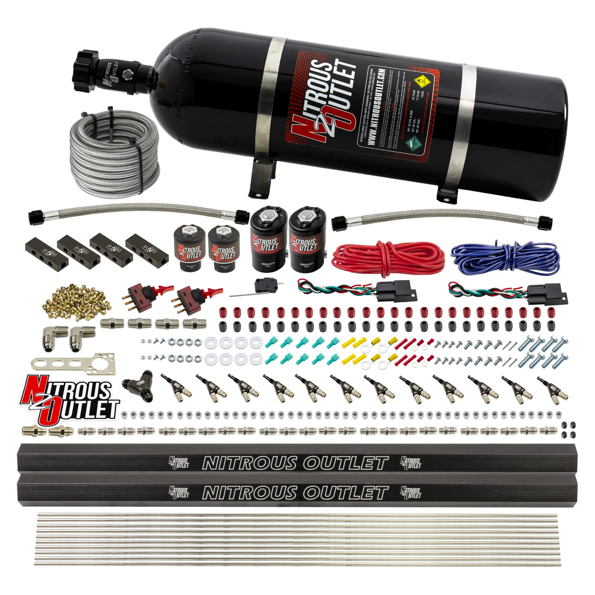 Nitrous Outlet 6 Cylinder Dual Stage Direct Port System - Two .122 Nitrous Solenoids/Two .177 Fuel Solenoids/Distribution Blocks/90 Degree Discharge Nozzles (Gas)(5-7-10 psi)(75-375HP)(15lb Bottle)