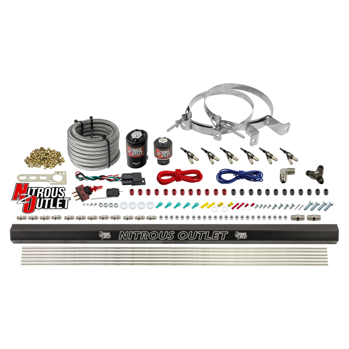Nitrous Outlet 6 Cylinder Direct Port System - .122 Nitrous Solenoid/.177 Fuel Solenoid/Distribution Blocks/90 Degree Discharge Nozzles (E85)(5-7-10 psi)(75-375HP)(No Bottle)