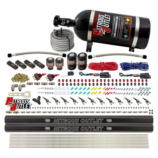Nitrous Outlet 6 Cylinder Dual Stage Direct Port System - Two .122 Nitrous Solenoids/Two .177 Fuel Solenoids/Distribution Blocks/90 Degree Discharge Nozzles (E85)(5-7-10 psi)(75-375HP)(10lb Bottle)