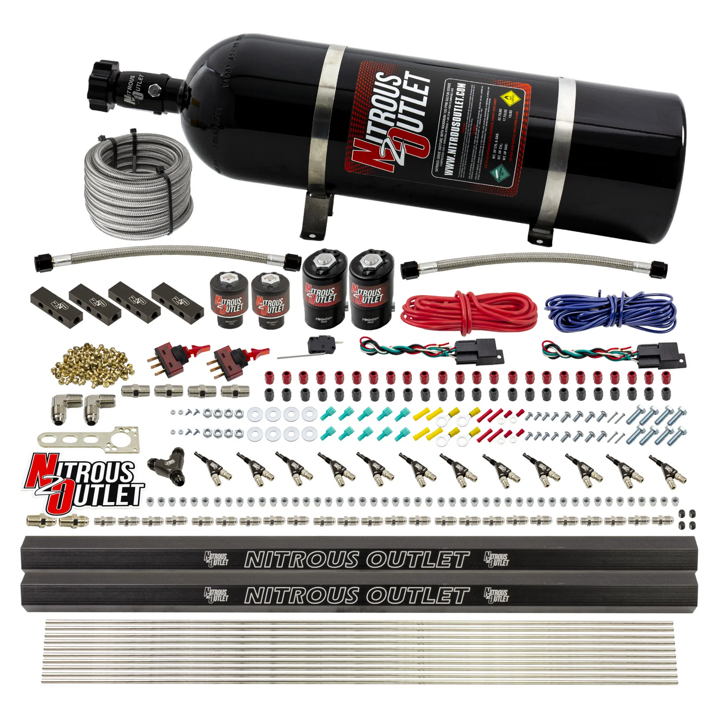 Nitrous Outlet 6 Cylinder Dual Stage Direct Port System - Two .122 Nitrous Solenoids/Two .177 Fuel Solenoids/Distribution Blocks/90 Degree Discharge Nozzles (E85)(5-7-10 psi)(75-375HP)(15lb Bottle)