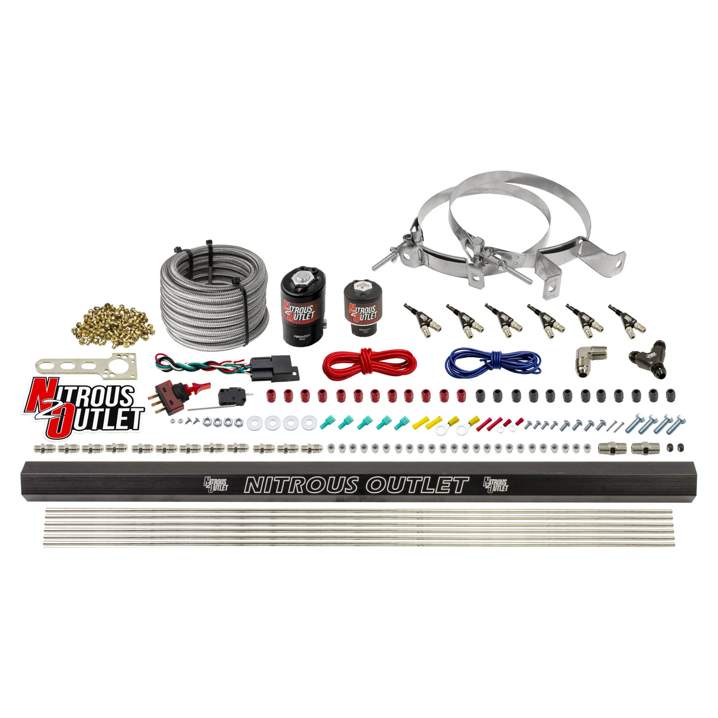 Nitrous Outlet 6 Cylinder Direct Port System - .122 Nitrous Solenoids/.177 Fuel Solenoids/Dual Passage Injection Rail/90 Degree Discharge Nozzles (E85)(5-7-10 psi)(75-375HP)(No Bottle)