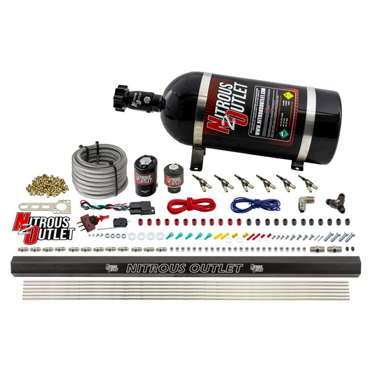 Nitrous Outlet 6 Cylinder Direct Port System - .122 Nitrous Solenoids/.177 Fuel Solenoids/Dual Passage Injection Rail/90 Degree Discharge Nozzles (E85)(5-7-10 psi)(75-375HP)(10lb Bottle)