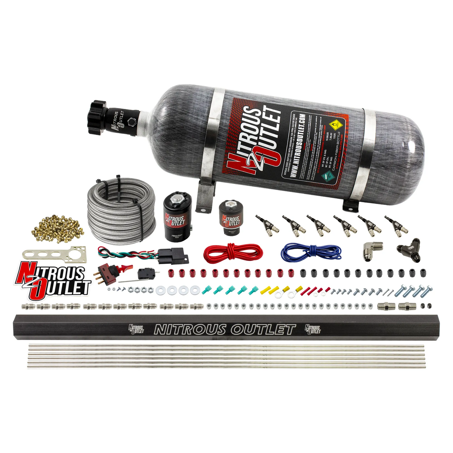 Nitrous Outlet 6 Cylinder Direct Port System - .122 Nitrous Solenoids/.177 Fuel Solenoids/Dual Passage Injection Rail/90 Degree Discharge Nozzles (E85)(5-7-10 psi)(75-375HP)(12lb Bottle)