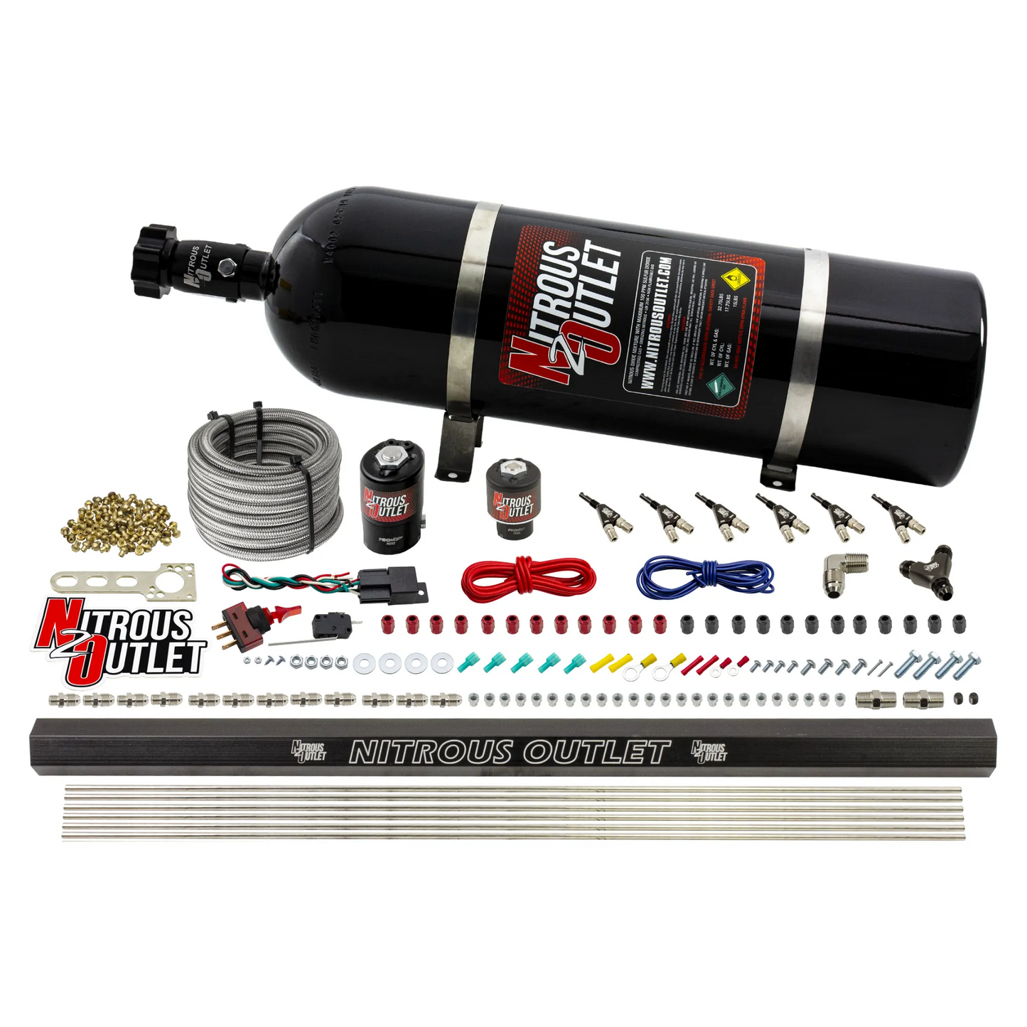 Nitrous Outlet 6 Cylinder Direct Port System - .122 Nitrous Solenoids/.177 Fuel Solenoids/Dual Passage Injection Rail/90 Degree Discharge Nozzles (E85)(5-7-10 psi)(75-375HP)(15lb Bottle)
