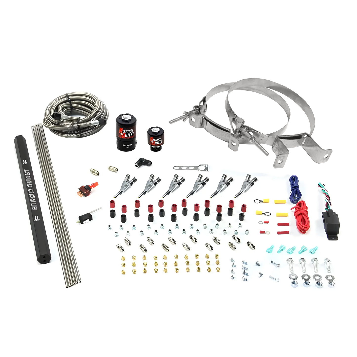 Nitrous Outlet 6 Cylinder Direct Port System - .122 Nitrous Solenoids/.177 Fuel Solenoids/Dual Passage Injection Rail/Annular Discharge Nozzles (E85)(5-7-10 psi)(75-375HP)(No Bottle)