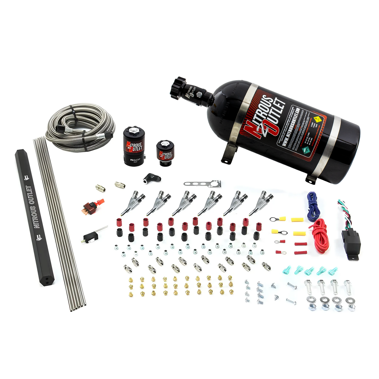 Nitrous Outlet 6 Cylinder Direct Port System - .122 Nitrous Solenoids/.177 Fuel Solenoids/Dual Passage Injection Rail/Annular Discharge Nozzles (E85)(5-7-10 psi)(75-375HP)(10lb Bottle)