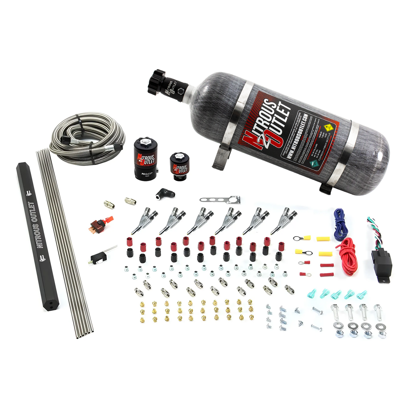 Nitrous Outlet 6 Cylinder Direct Port System - .122 Nitrous Solenoids/.177 Fuel Solenoids/Dual Passage Injection Rail/Annular Discharge Nozzles (E85)(5-7-10 psi)(75-375HP)(12lb Bottle)