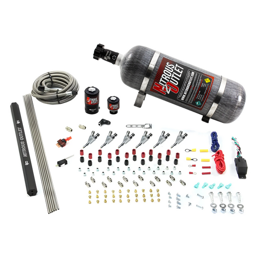 Nitrous Outlet 6 Cylinder Direct Port System - .122 Nitrous Solenoids/.177 Fuel Solenoids/Dual Passage Injection Rail/Annular Discharge Nozzles (E85)(5-7-10 psi)(75-375HP)(12lb Bottle)