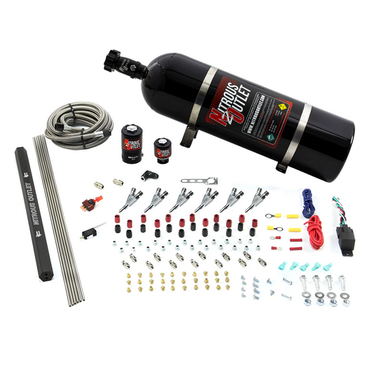 Nitrous Outlet 6 Cylinder Direct Port System - .122 Nitrous Solenoids/.177 Fuel Solenoids/Dual Passage Injection Rail/Annular Discharge Nozzles (E85)(5-7-10 psi)(75-375HP)(15lb Bottle)