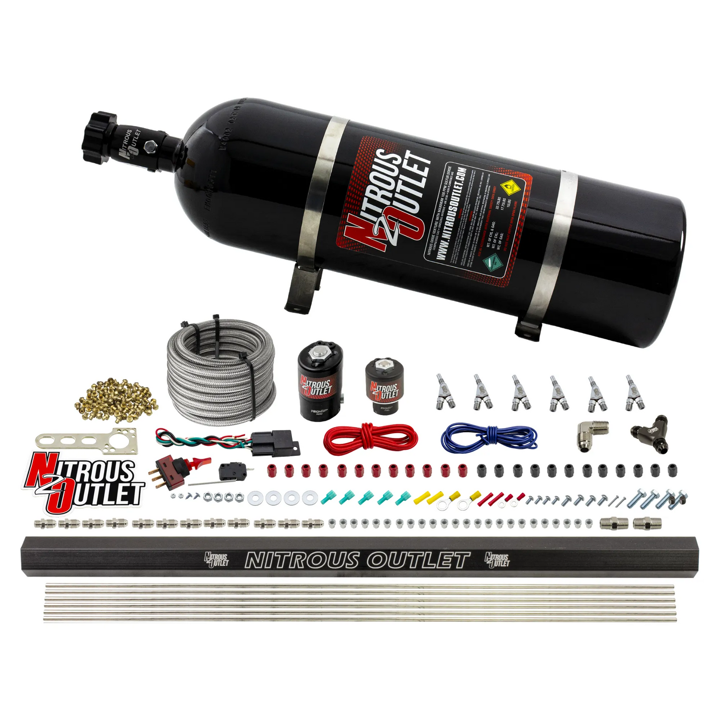 Nitrous Outlet 6 Cylinder Direct Port System - .122 Nitrous Solenoid/.177 Fuel Solenoid/Distribution Blocks/Annular Degree Discharge Nozzles (E85)(5-7-10 psi)(75-375HP)(15lb Bottle)