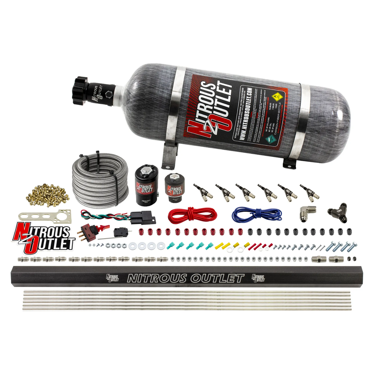 Nitrous Outlet 6 Cylinder Direct Port System - .122 Nitrous Solenoids/.177 Fuel Solenoids/Dual Passage Injection Rail/90 Degree Discharge Nozzles (Gas)(5-7-10 psi)(75-375HP)(12lb Bottle)