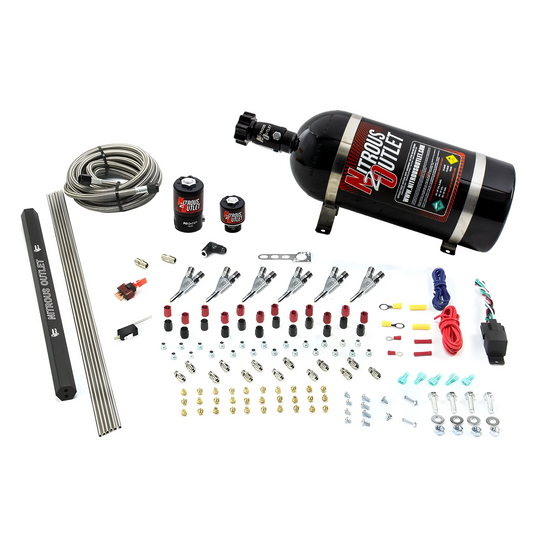 Nitrous Outlet 6 Cylinder Direct Port System - .122 Nitrous Solenoids/.177 Fuel Solenoids/Dual Passage Injection Rail/Annular Discharge Nozzles (Gas)(5-7-10 psi)(75-375HP)(10lb Bottle)