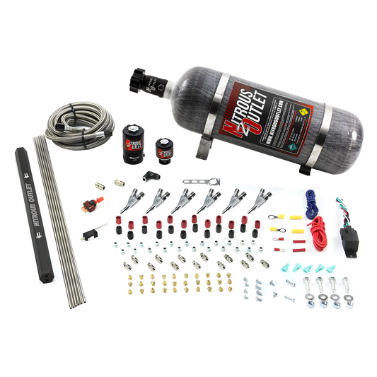 Nitrous Outlet 6 Cylinder Direct Port System - .122 Nitrous Solenoids/.177 Fuel Solenoids/Dual Passage Injection Rail/Annular Discharge Nozzles (Gas)(5-7-10 psi)(75-375HP)(12lb Bottle)