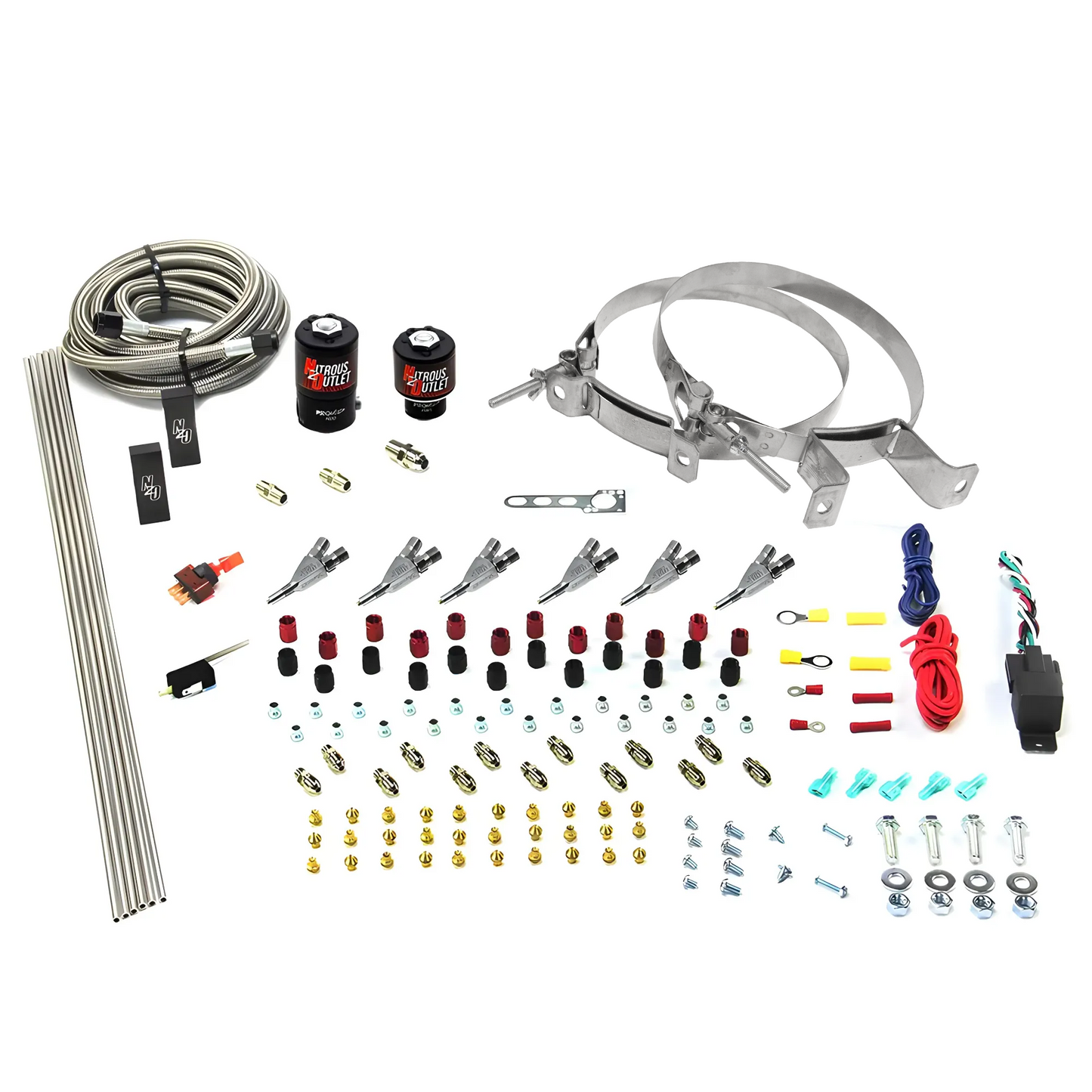 Nitrous Outlet 6 Cylinder Direct Port System - .122 Nitrous Solenoid/.177 Fuel Solenoid/Distribution Blocks/Annular Degree Discharge Nozzles (Gas)(5-7-10 psi)(75-375HP)(No Bottle)