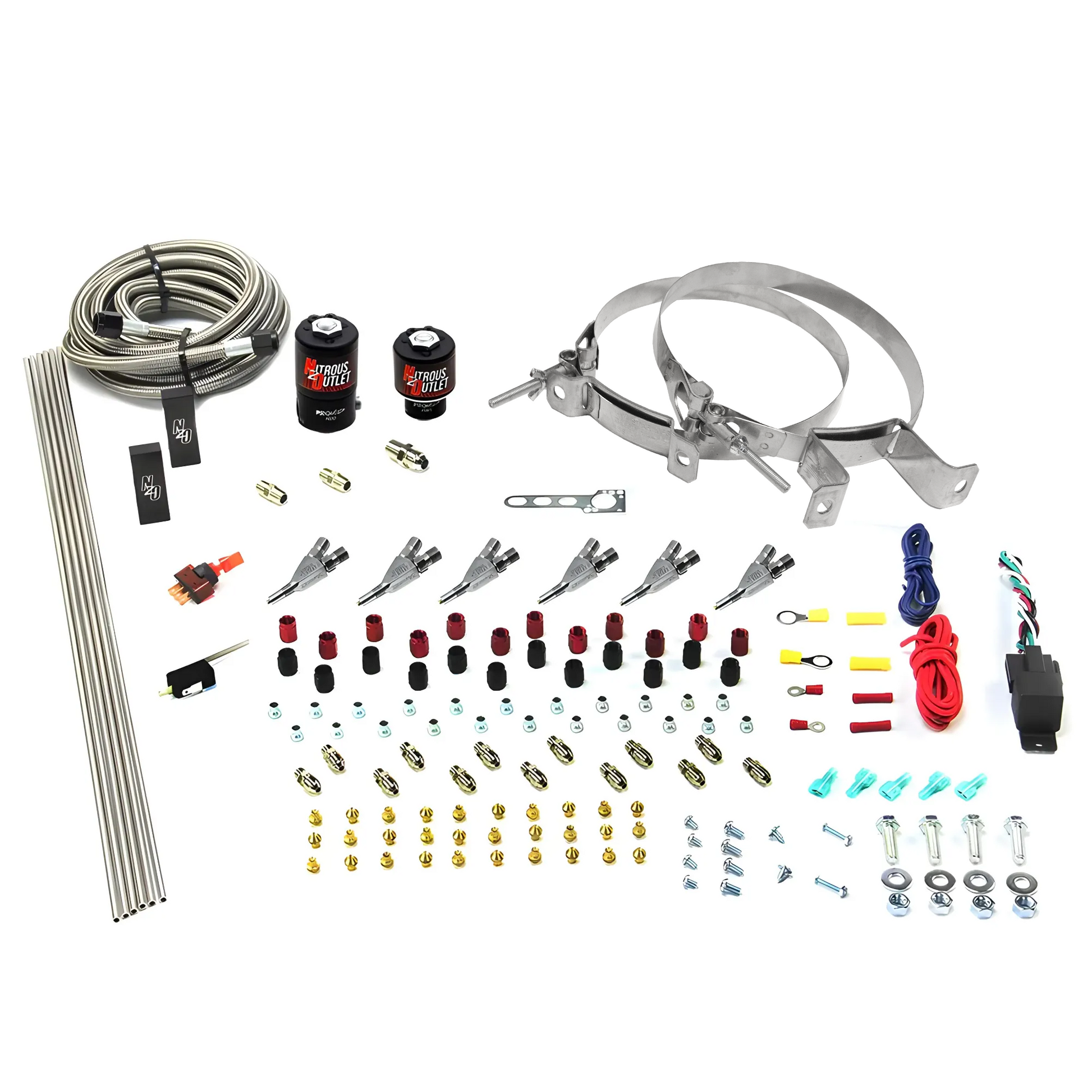 Nitrous Outlet 6 Cylinder Direct Port System - .122 Nitrous Solenoid/.177 Fuel Solenoid/Distribution Blocks/Annular Degree Discharge Nozzles (Gas)(5-7-10 psi)(75-375HP)(No Bottle)