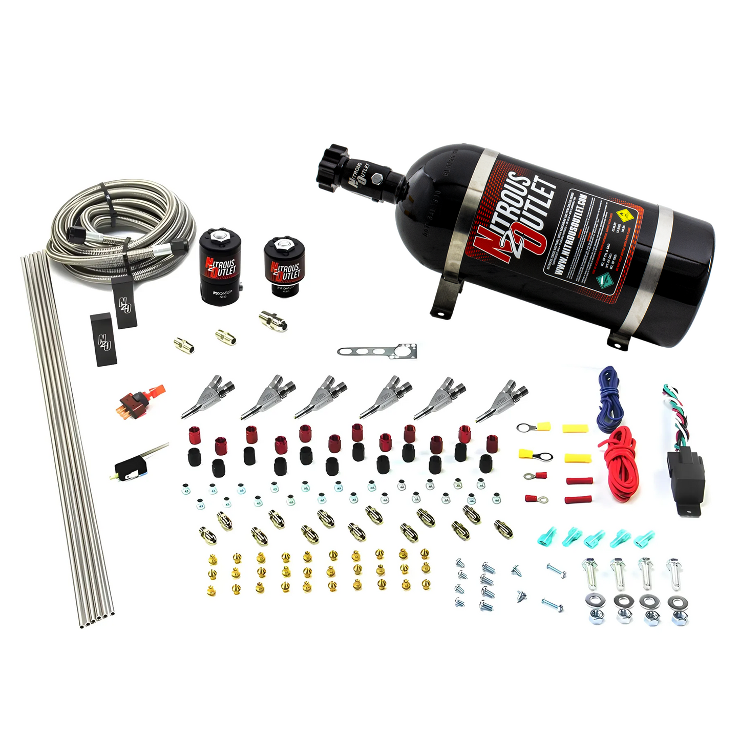 Nitrous Outlet 6 Cylinder Direct Port System - .122 Nitrous Solenoid/.177 Fuel Solenoid/Distribution Blocks/Annular Degree Discharge Nozzles (Gas)(5-7-10 psi)(75-375HP)(10lb Bottle)