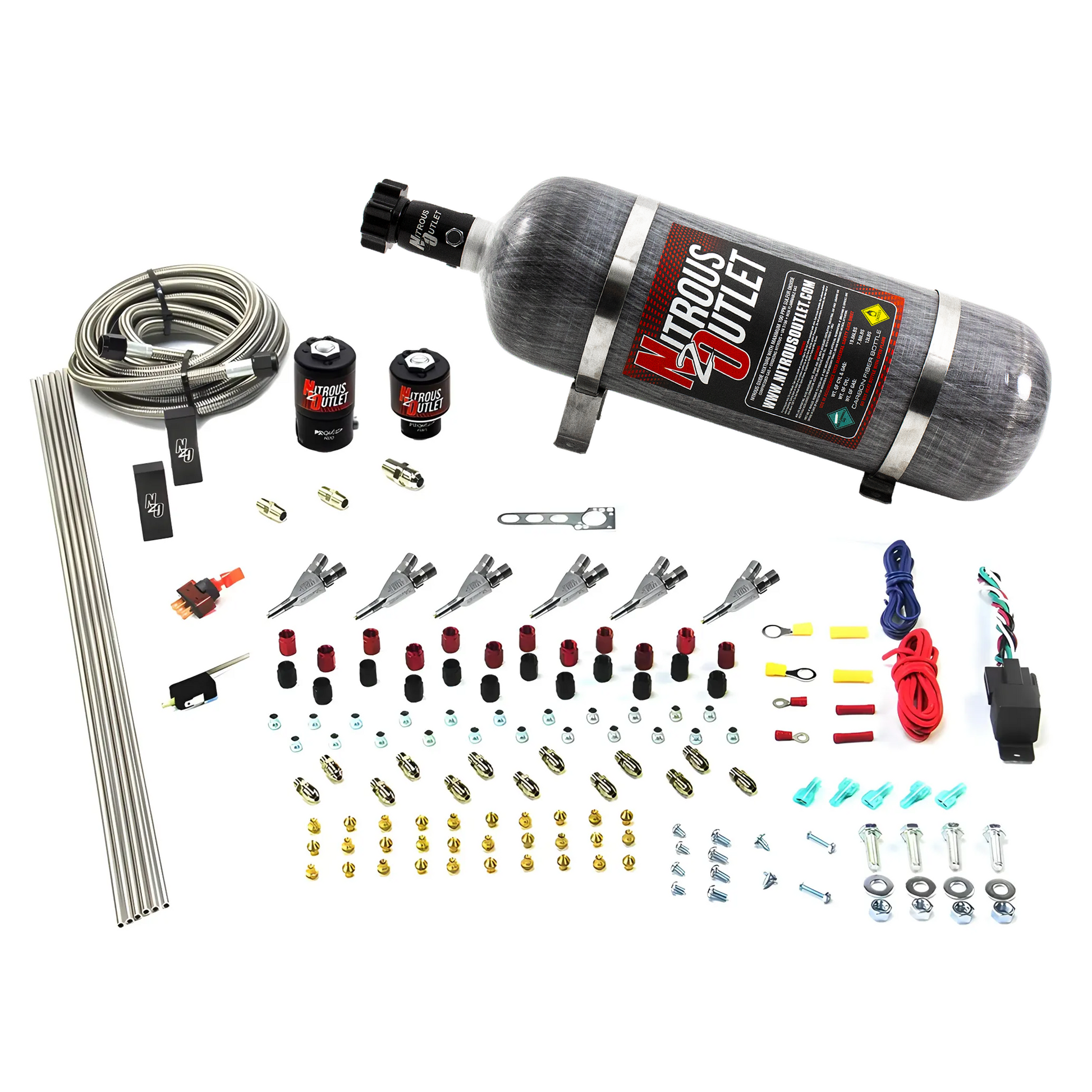 Nitrous Outlet 6 Cylinder Direct Port System - .122 Nitrous Solenoid/.177 Fuel Solenoid/Distribution Blocks/Annular Degree Discharge Nozzles (Gas)(5-7-10 psi)(75-375HP)(12lb Bottle)