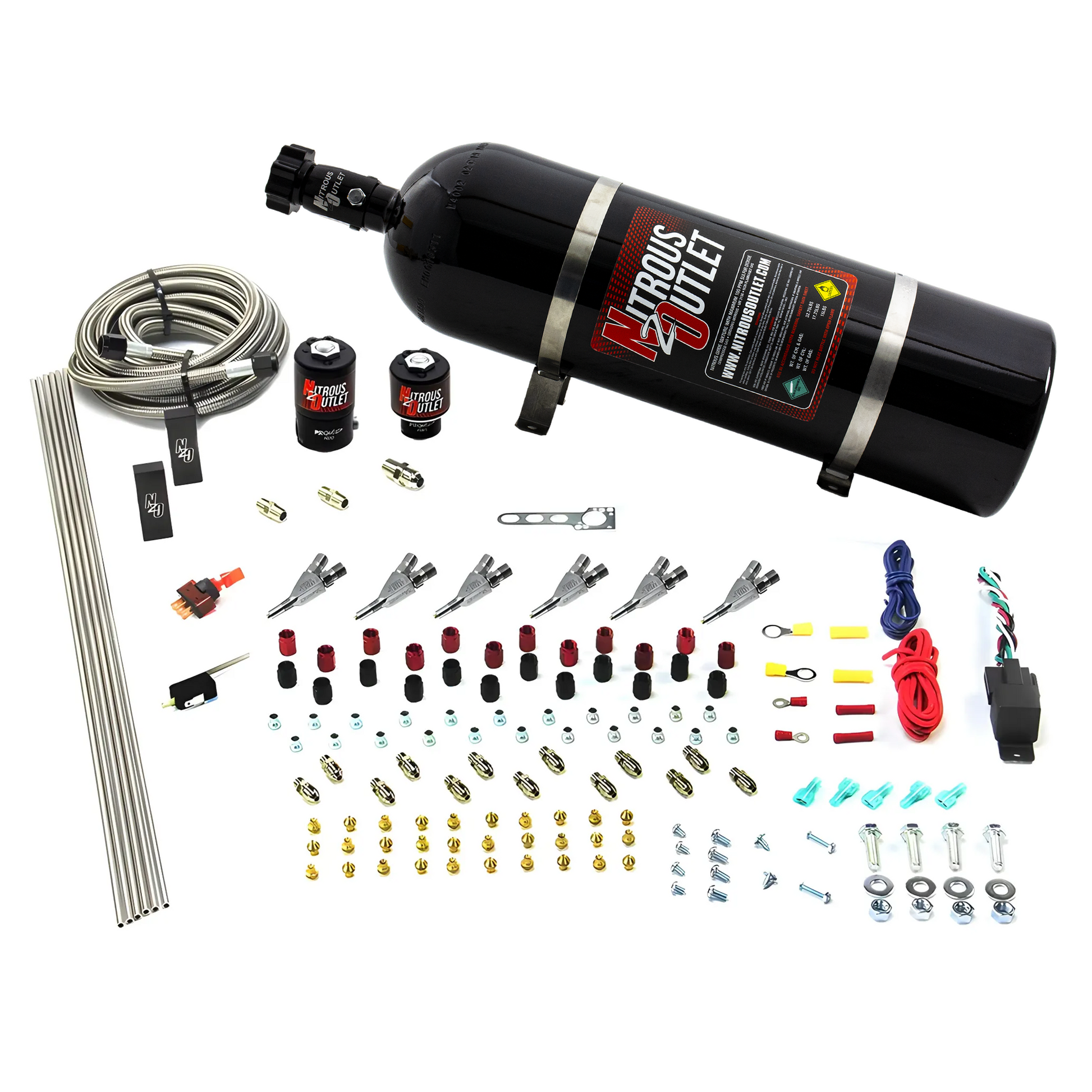 Nitrous Outlet 6 Cylinder Direct Port System - .122 Nitrous Solenoid/.177 Fuel Solenoid/Distribution Blocks/Annular Degree Discharge Nozzles (Gas)(5-7-10 psi)(75-375HP)(15lb Bottle)