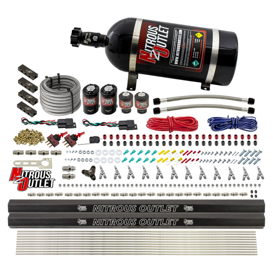 Nitrous Outlet 6 Cylinder Dual Stage Direct Port System - Two .122 Nitrous Solenoids/Two .177 Fuel Solenoids/Distribution Blocks/Annular Discharge Nozzles (Gas)(5-7-10 psi)(75-375HP)(10lb Bottle)