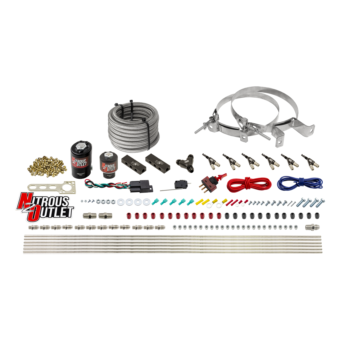 Nitrous Outlet 6 Cylinder Direct Port System - .122 Nitrous Solenoid/.177 Fuel Solenoid/Distribution Blocks/90 Degree Discharge Nozzles (Gas)(45-55 psi)(75-375HP)(No Bottle)