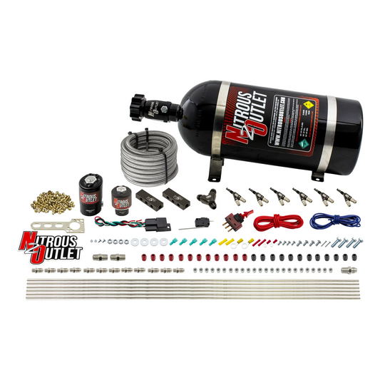 Nitrous Outlet 6 Cylinder Direct Port System - .122 Nitrous Solenoid/.177 Fuel Solenoid/Distribution Blocks/90 Degree Discharge Nozzles (Gas)(45-55 psi)(75-375HP)(10lb Bottle)