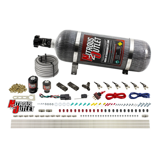 Nitrous Outlet 6 Cylinder Direct Port System - .122 Nitrous Solenoid/.177 Fuel Solenoid/Distribution Blocks/90 Degree Discharge Nozzles (Gas)(45-55 psi)(75-375HP)(12lb Bottle)
