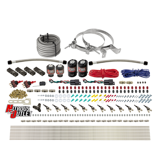 Nitrous Outlet 6 Cylinder Dual Stage Direct Port System - Two .122 Nitrous Solenoids/Two .177 Fuel Solenoids/Distribution Blocks/90 Degree Discharge Nozzles (E85)(45-55 psi)(75-375HP)(No Bottle)