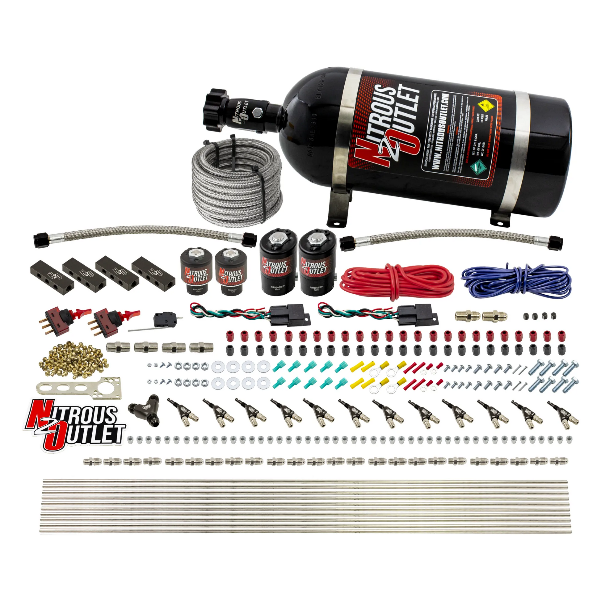 Nitrous Outlet 6 Cylinder Dual Stage Direct Port System - Two .122 Nitrous Solenoids/Two .177 Fuel Solenoids/Distribution Blocks/90 Degree Discharge Nozzles (Gas)(45-55 psi)(75-375HP)(10lb Bottle)