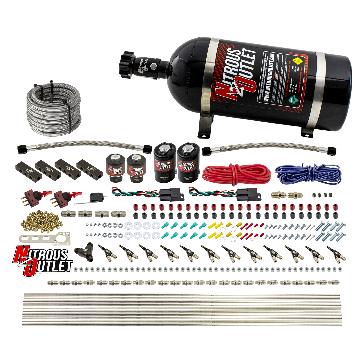 Nitrous Outlet 6 Cylinder Dual Stage Direct Port System - Two .122 Nitrous Solenoids/Two .177 Fuel Solenoids/Distribution Blocks/90 Degree Discharge Nozzles (E85)(45-55 psi)(75-375HP)(10lb Bottle)