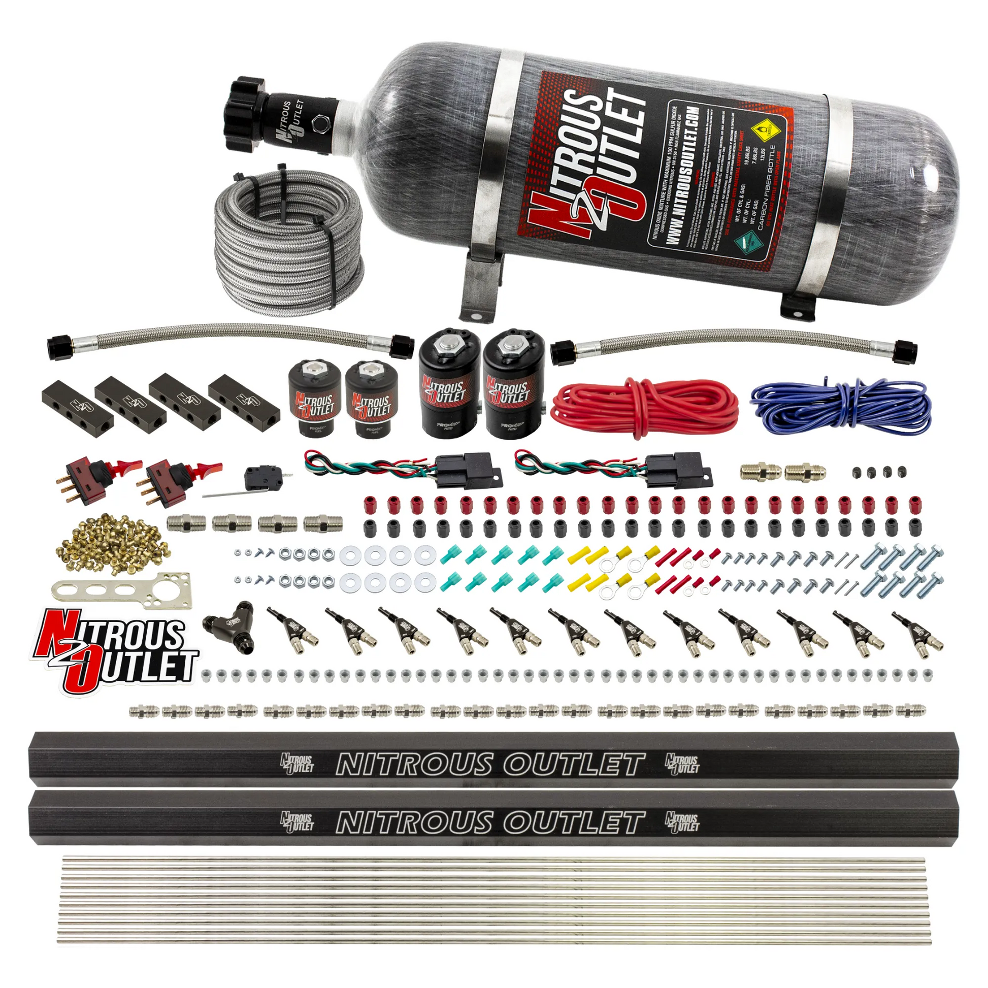 Nitrous Outlet 6 Cylinder Dual Stage Direct Port System - Two .122 Nitrous Solenoids/Two .177 Fuel Solenoids/Distribution Blocks/90 Degree Discharge Nozzles (Gas)(45-55 psi)(75-375HP)(12lb Bottle)