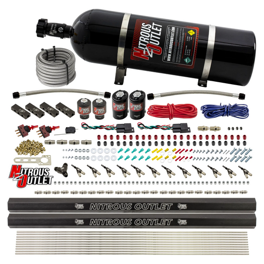 Nitrous Outlet 6 Cylinder Dual Stage Direct Port System - Two .122 Nitrous Solenoids/Two .177 Fuel Solenoids/Distribution Blocks/90 Degree Discharge Nozzles (Gas)(45-55 psi)(75-375HP)(15lb Bottle)