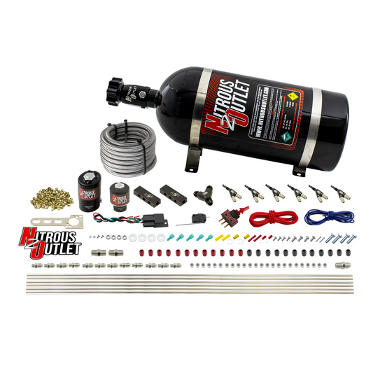 Nitrous Outlet 6 Cylinder Direct Port System - .122 Nitrous Solenoid/.177 Fuel Solenoid/Distribution Blocks/90 Degree Discharge Nozzles (E85)(45-55 psi)(75-375HP)(10lb Bottle)