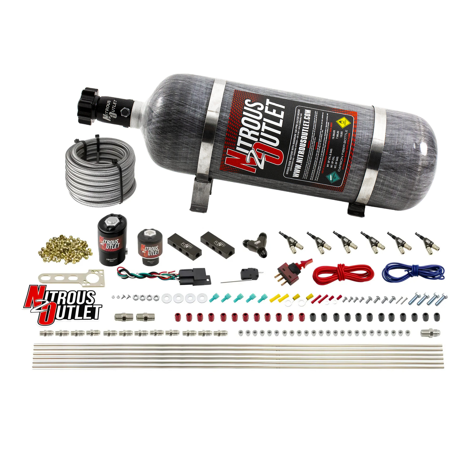 Nitrous Outlet 6 Cylinder Direct Port System - .122 Nitrous Solenoid/.177 Fuel Solenoid/Distribution Blocks/90 Degree Discharge Nozzles (E85)(45-55 psi)(75-375HP)(12lb Bottle)