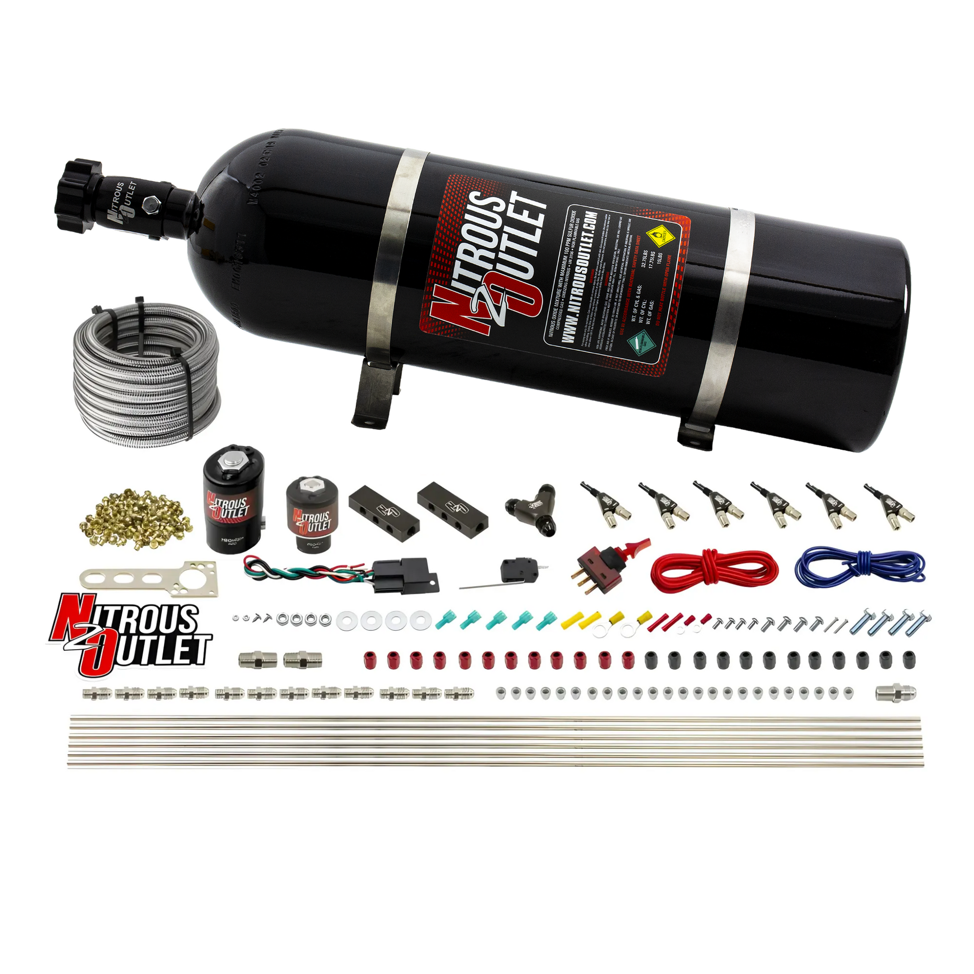 Nitrous Outlet 6 Cylinder Direct Port System - .122 Nitrous Solenoid/.177 Fuel Solenoid/Distribution Blocks/90 Degree Discharge Nozzles (E85)(45-55 psi)(75-375HP)(15lb Bottle)