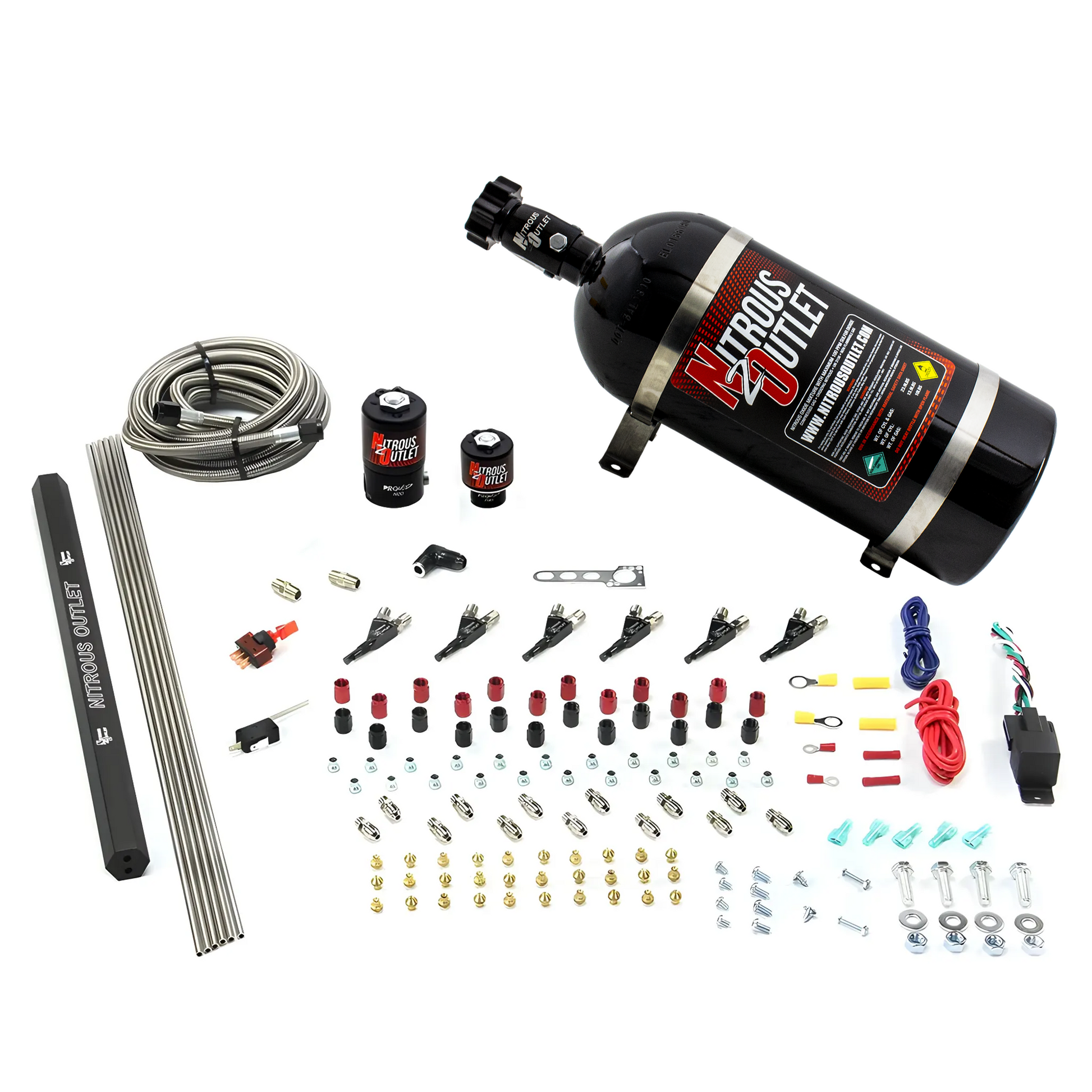 Nitrous Outlet 6 Cylinder Direct Port System - .122 Nitrous Solenoids/.177 Fuel Solenoids/Dual Passage Injection Rail/90 Degree Discharge Nozzles (E85)(45-55 psi)(75-375HP)(10lb Bottle)