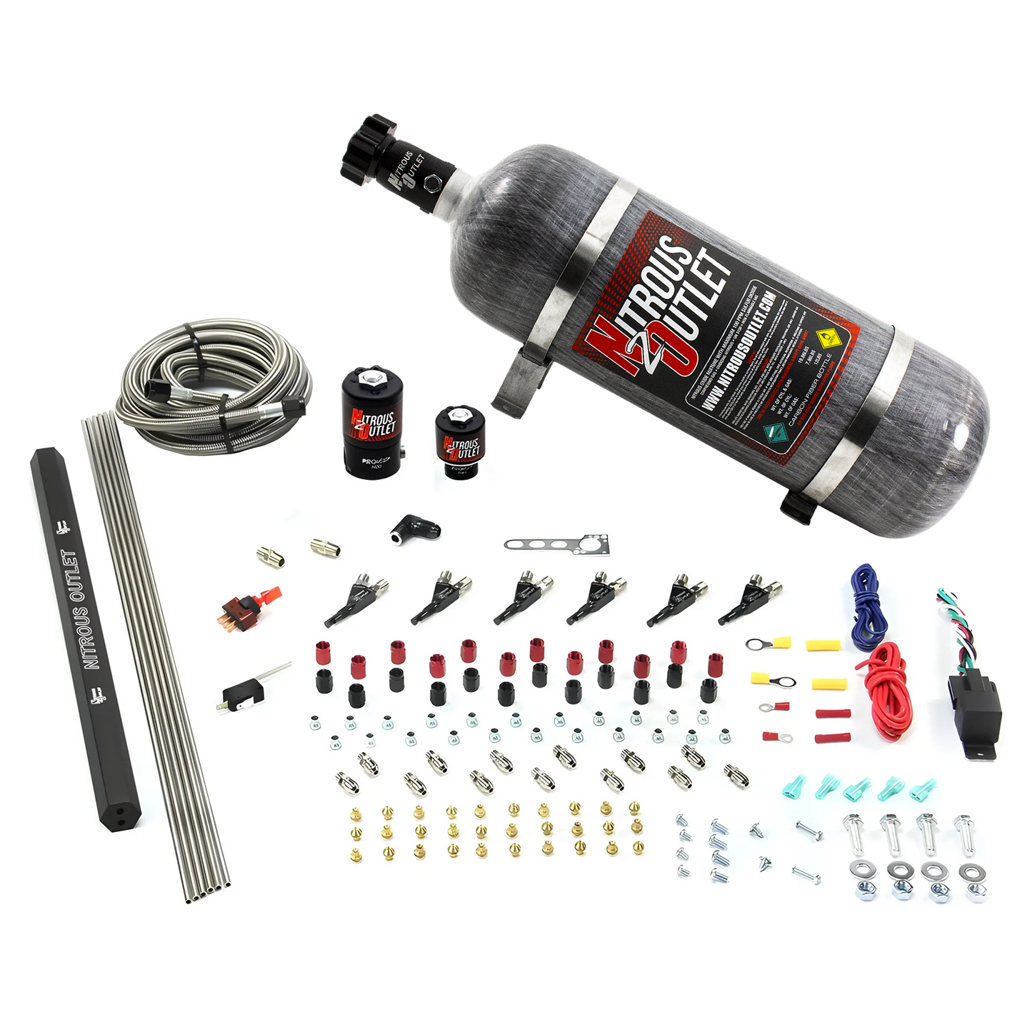 Nitrous Outlet 6 Cylinder Direct Port System - .122 Nitrous Solenoids/.177 Fuel Solenoids/Dual Passage Injection Rail/90 Degree Discharge Nozzles (E85)(45-55 psi)(75-375HP)(12lb Bottle)