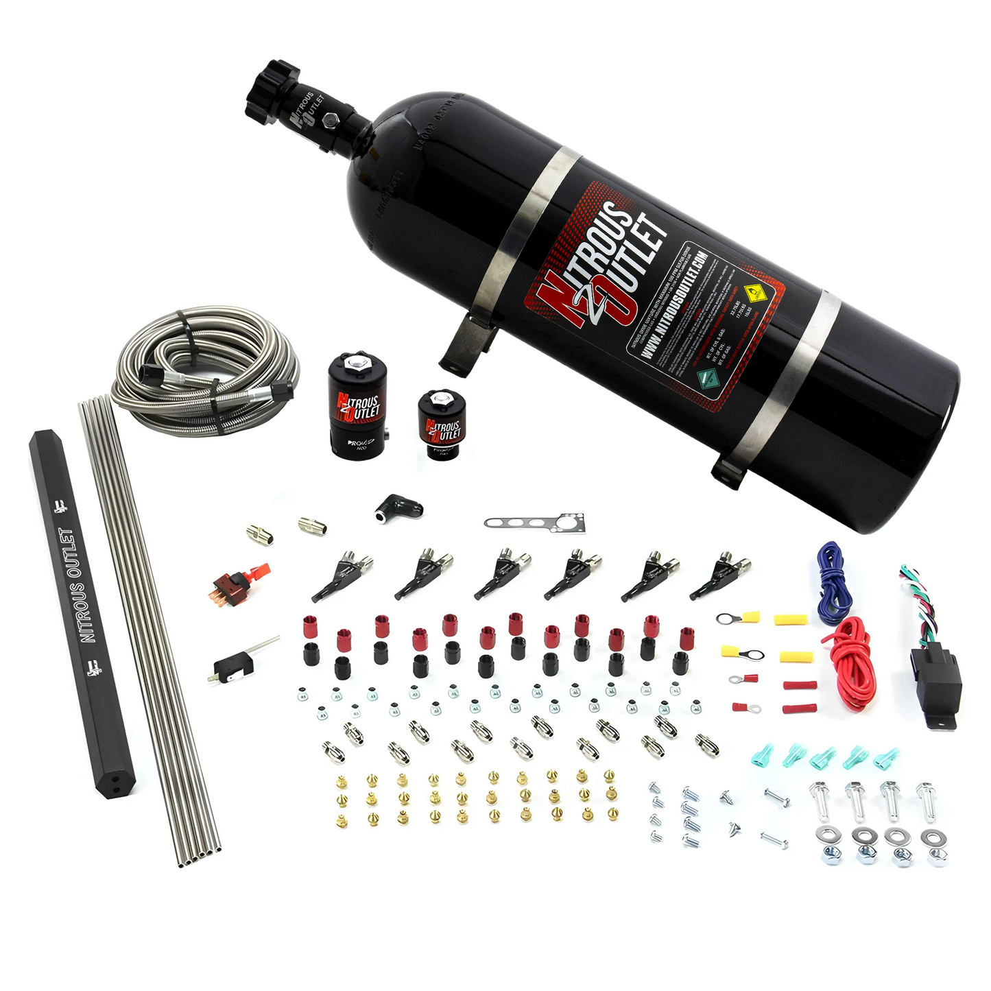 Nitrous Outlet 6 Cylinder Direct Port System - .122 Nitrous Solenoids/.177 Fuel Solenoids/Dual Passage Injection Rail/90 Degree Discharge Nozzles (E85)(45-55 psi)(75-375HP)(15lb Bottle)
