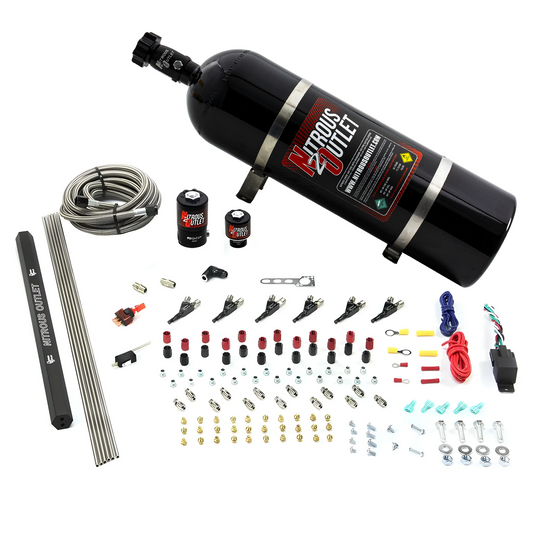 Nitrous Outlet 6 Cylinder Direct Port System - .122 Nitrous Solenoids/.177 Fuel Solenoids/Dual Passage Injection Rail/90 Degree Discharge Nozzles (E85)(45-55 psi)(75-375HP)(15lb Bottle)